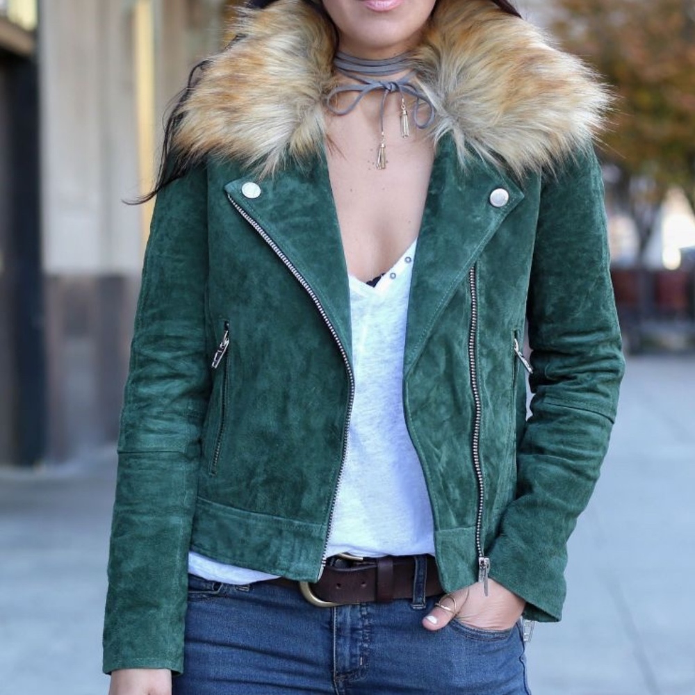 Blank NYC green suede motto jacket detatchable fur